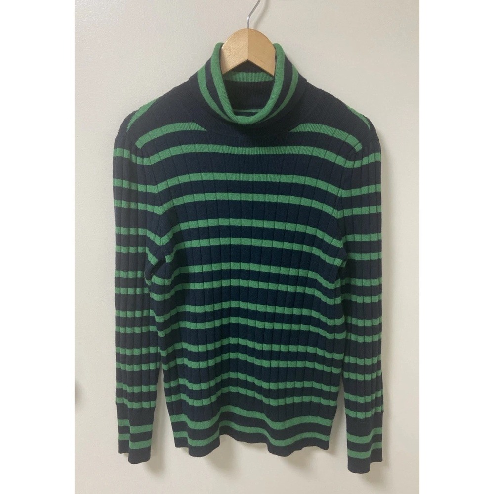 Talbots Women's Size L Green Navy Blue Striped Ribbed Turtleneck Sweater Cute!